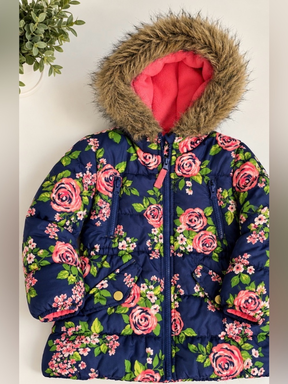 Carter’s Girls 4T Floral Puffer Coat Faux Fur Hood Fleece Lined Winter Jacket